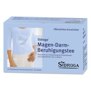 Verpackung des Sidroga Magen-Darm-Beruhigungstees in einer blauen Box für Erwachsene und Jugendliche ab 12 Jahren.