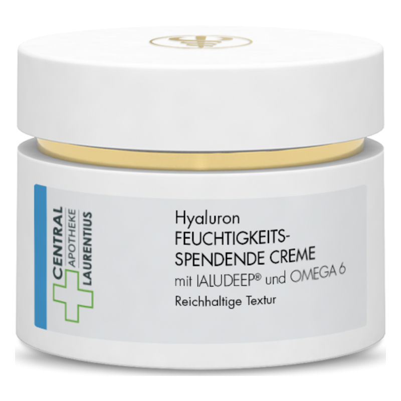 Tiegel mit feuchtigkeitsspendender Creme, weißer Verpackung und goldener Details, enthält Hyaluron und Omega 6.