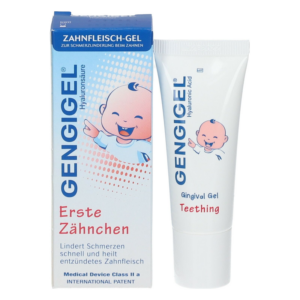 Zahngeschütztes Gel zur Schmerzlinderung beim Zahnen, mit Verpackung und lächelndem Baby-Motiv.