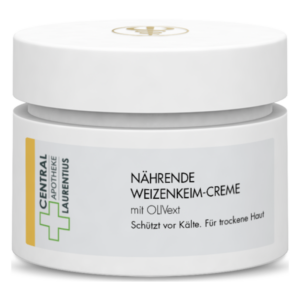 Nährende Weizenkeim-Creme in einem runden, weißen Tiegel mit Schraubverschluss, beschriftet mit Inhaltsstoffen und Anwendungshinweisen.