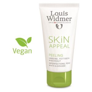 Tube mit Peeling von Louis Widmer für unreine, fettige und Mischhaut, vegan, mit grünem Verschluss.