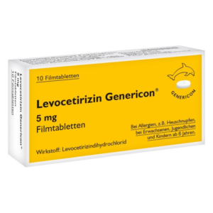 Packung mit Levocetirizin Genericon 5 mg Filmtabletten in gelber Verpackung, für Allergien geeignet.