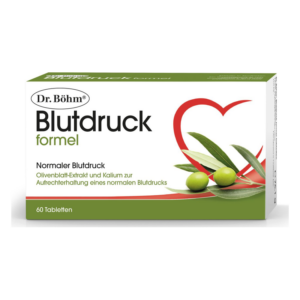 Packung mit Dr. Böhm Blutdruck Formel für normalem Blutdruck, enthält Olivenblatt-Extrakt und Kalium.