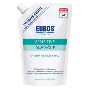Packung mit EUBOS Sensitive Duschöl F in einem Standbeutel, geeignet für sehr trockene Haut