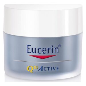 Gesichtscreme von Eucerin in einem eleganten, runden Behälter mit weißem Deckel und blauer Schrift.