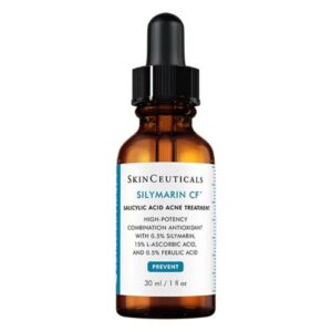 Braune Glasflasche mit Pipette, enthält Hautpflegeprodukt zur Aknebehandlung von SkinCeuticals mit Inhaltsstoffen wie Silymarin und Vitamin C.