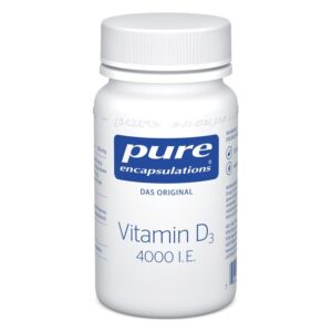 Weißer Kunststoffbehälter mit runder Schraubkappe, etikettiert mit "Vitamin D3 4000 I.E." und Logo von Pure Encapsulations.