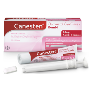 Packung von Canesten Clotrimazol Gyn Once Kombi, enthält Creme und Vaginaltablette zur Behandlung von Pilzinfektionen.