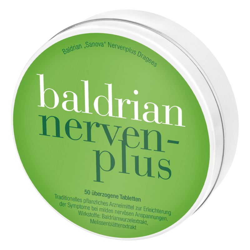 Runde Dose mit dem Aufdruck 'baldrian nerven-plus', enthält überzogene Tabletten zur Beruhigung bei Nervosität.