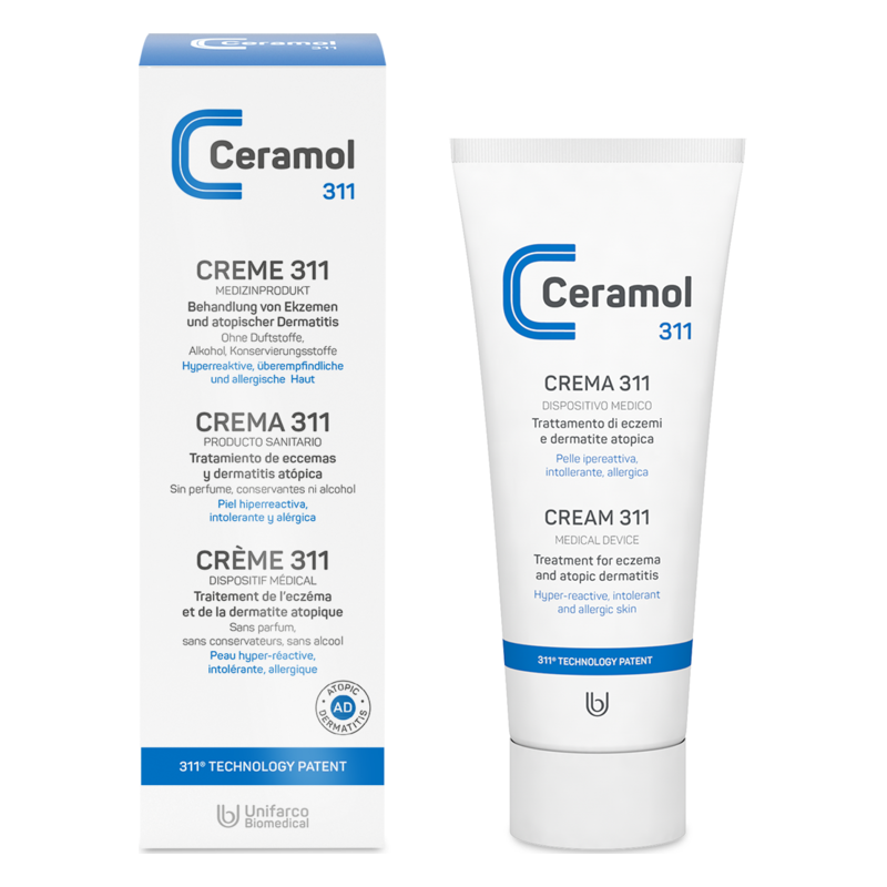 Creme 311 von Ceramol in einer Tube und Verpackung, zur Behandlung von Ekzemen und atopischer Dermatitis, ohne Duftstoffe und Konservierungsmittel.