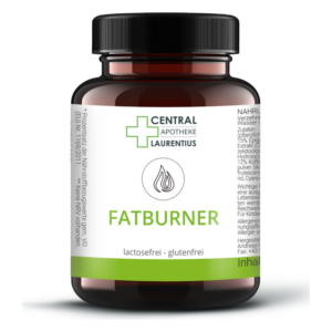 Braune Glasflasche mit schwarzem Deckel, beschriftet mit "FATBURNER" und den Hinweisen "lactosefrei - glutenfrei".