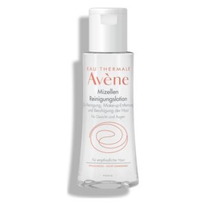 Transparente Flasche mit schwarzem Deckel, enthält Mizellen Reinigungs-lotion von Avène für empfindliche Haut.