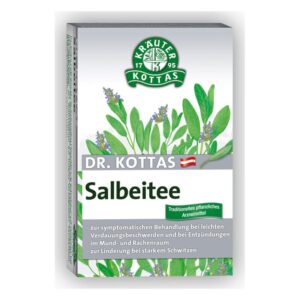 Verpackung von Dr. Kottas Salbeitee, mit grünen Blättermotiven und Hinweisen zur Anwendung bei Beschwerden.