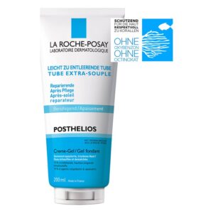 Creme-Gel in einer flexiblen Tube mit blauer und weißer Verpackung, zur beruhigenden Pflege nach Sonneneinstrahlung.