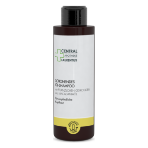 Schwarze Flasche mit Shampoo für empfindliche Kopfhaut, enthält pflanzliche Glykoside und Macadamia-Öl.