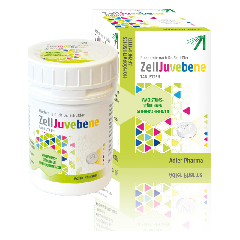 Weißer Behälter mit runder Kappe, beschriftet mit "ZellJuvene" und bunten geometrischen Mustern, daneben eine Verpackung.