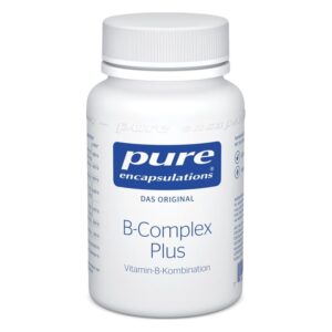 Weißer Kunststoffbehälter mit grauem Deckel, Aufschrift "B-Complex Plus" und "pure encapsulations".