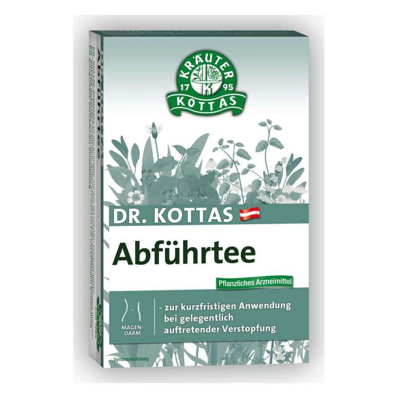 Verpackung von Dr. Kottas Abführtee, einem pflanzlichen Arzneimittel gegen gelegentliche Verstopfung.
