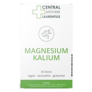 Verpackung für magnesium- und kaliumhaltige Sticks, vegan, laktose- und glutenfrei, mit einfacher grafischer Darstellung.