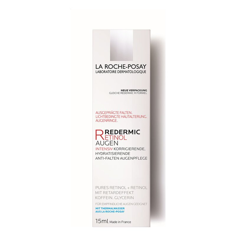 Verpackung der La Roche-Posay Redermic Retinol Augenpflege, betont die Verwendung von Retinol und hydratisierenden Inhaltsstoffen.