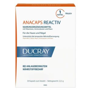 Verpackung von Anacaps Reactiv, einem Nahrungsergänzungsmittel für Haare und Nägel mit Vitaminen und Mineralstoffen.