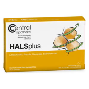 Packung mit Nahrungsergänzungsmittel HALSplus von Central Apotheke, enthält Kapseln mit Propolis und Pflanzenextrakten.
