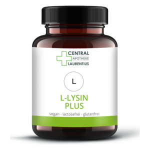 Braune Pillenflasche mit einem weißen Etikett, darauf steht 'L-Lysin Plus', vegan, lactose- und glutenfrei.
