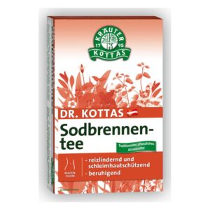 Verpackung von Dr. Kottas Sodbrennen-Tee mit pflanzlichen Inhaltsstoffen und beruhigenden Eigenschaften.