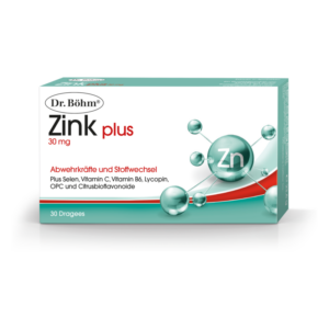 Packung von Dr. Böhm Zink plus mit 30 mg Zink, betont Abwehrkräfte und Stoffwechsel, enthält zusätzlich Vitamine und Mineralien.