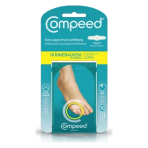 Verpackung von Compeed Hühneraugenpflastern in mittelgroßer Größe mit einem Fußabbild und Schutzbeschreibung.