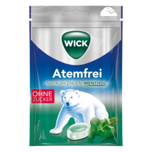Verpackung von Wick Atemfrei mit mentholhaltigen Bonbons, abgebildet mit einem Eisbär und dem Hinweis ohne Zucker.