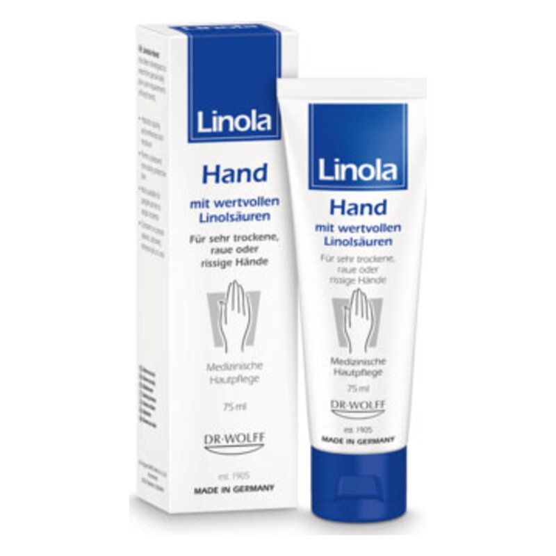 Handcreme Linola mit wertvollen Linolsäuren in einer weißen Tube und Kartonverpackung, für sehr trockene Hände.