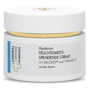 Tiegel mit feuchtigkeitsspendender Hyaluroncreme, Deckel in Gold, etikettiert mit Inhaltsstoffen und leichter Textur.