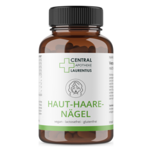 Braune Verpackung für Nahrungsergänzungsmittel mit der Aufschrift "HAUT-HAARE-NÄGEL", vegan, lactose- und glutenfrei.