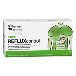 Verpackung des Medikaments REFLUXcontrol von Central Apotheke, zur Behandlung von gastroösophagealem Reflux, mit grafischer Darstellung des Verdauungssystems.