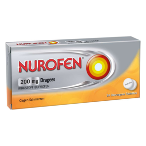 Packung Nurofen mit 200 mg Ibuprofen, enthält 24 überzogene Dragées gegen Schmerzen, silberne und orange Verpackung.