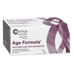 Verpackung des Nahrungsergänzungsmittels 'Age Formula' mit Kollagen und Hyaluronsäure, in eleganter Kartonage.