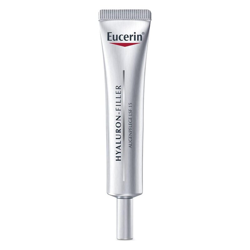 Eucerin Hyaluron-Filler Augenpflege in einer silbernen Tube mit Applikator, SPF 15, zur Pflege der Augenpartie.