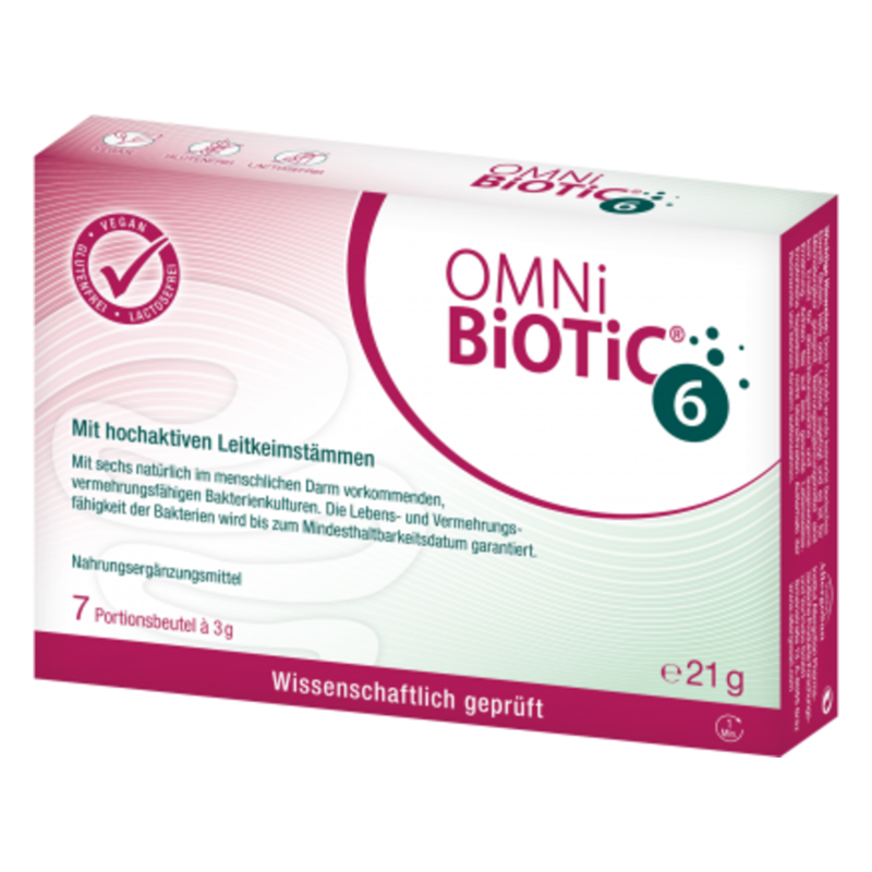 Verpackung von OMNi-BiOTiC 6, einem Nahrungsergänzungsmittel mit aktiven Leitsubstanzen, in der Größe von 21 g mit sieben Portionsbeuteln.