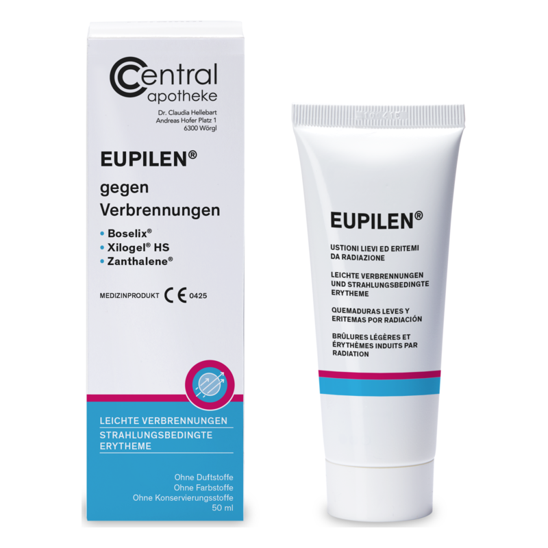 Verpackung von EUPILEN gegen Verbringungen, einschließlich Tube und Karton, mit Inhaltsstoffen und Anwendungsbeschreibung.