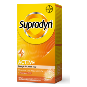 Supradyn ACTIVE Nahrungsergänzungsmittel in orange Verpackung mit Vitaminen, Mineralstoffen und Coenzym Q10.