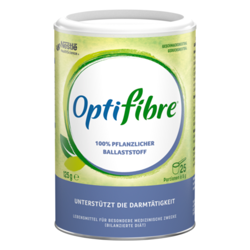 Dose mit Optifibre, einem 100% pflanzlichen Ballaststoff, zur Unterstützung der Darmtätigkeit.