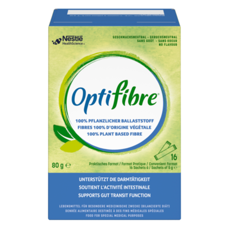 Verpackung von Optifibre, einem pflanzlichen Ballaststoffprodukt zur Unterstützung der Darmtätigkeit mit 16 Portionsbeuteln.