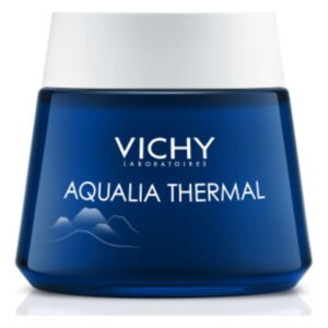 Blaues Cremetöpfchen mit weißem Deckel und dem Schriftzug "VICHY AQUALIA THERMAL" auf der Vorderseite.