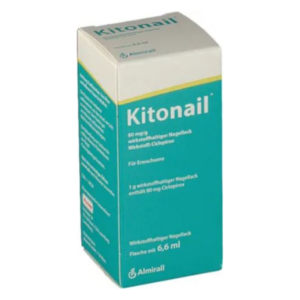 Packung mit Kitonail, einem antimykotischen Nagellack mit 80 mg Ciclopirox, für Erwachsene, 6,6 ml.