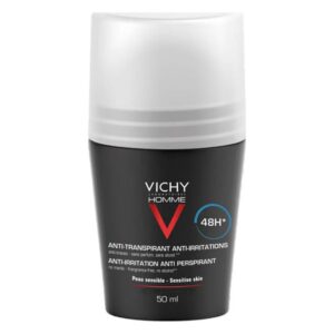 Deodorant Roller von Vichy für empfindliche Haut, schwarze Verpackung mit weißem Deckel, 50 ml Inhalt.