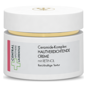 Hautverdichtende Creme mit Ceramide-Komplex und Retinol in einem eleganten, weißen Tiegel mit goldenem Deckel.