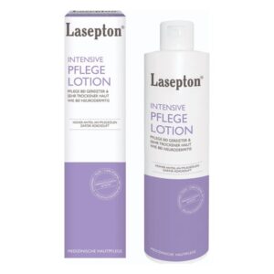 Lasepton intensive Pflege Lotion in einer weißen Flasche mit lila Akzenten, eignet sich für sehr trockene Haut.