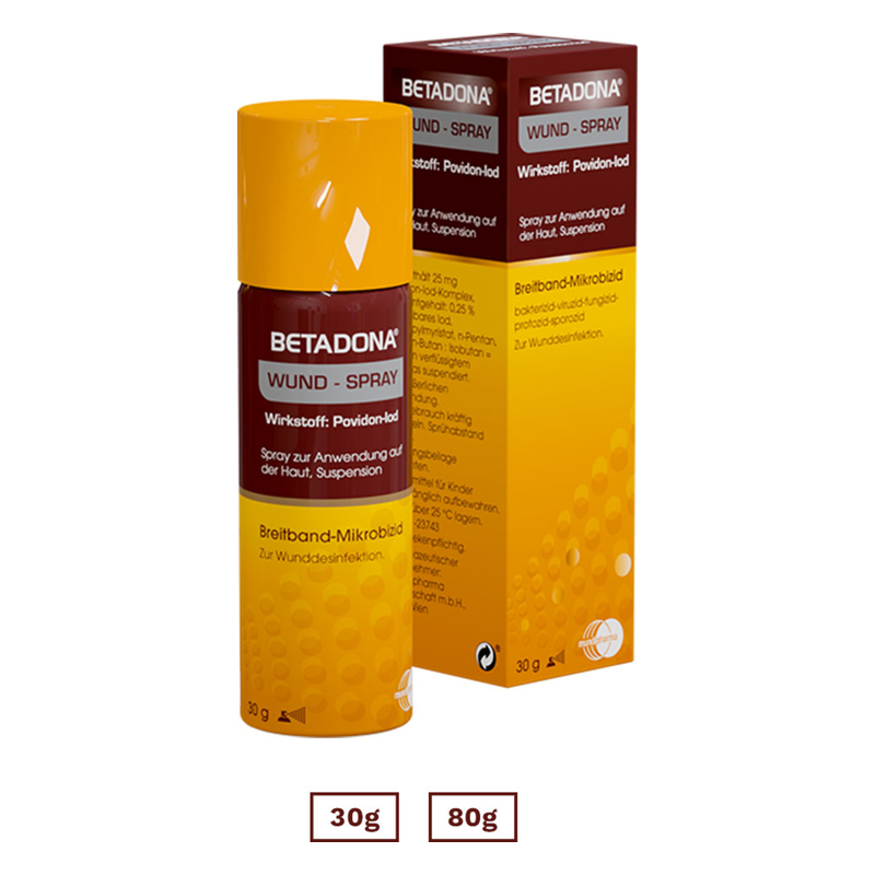 Betadona Wund-Spray in einer 30g Sprayflasche, gelb-orange Verpackung mit Informationen zur Anwendung und Inhaltsstoffen.