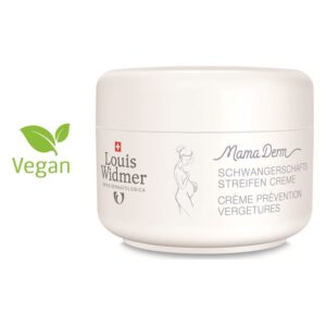 Weiße Verpackung einer Schwangerschaftscreme mit der Aufschrift "Mama Derm" und veganem Symbol.